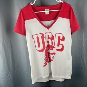USC Trojans PINK Victoria's Secret Mesh Jersey V-Neck Tee Women M Red White